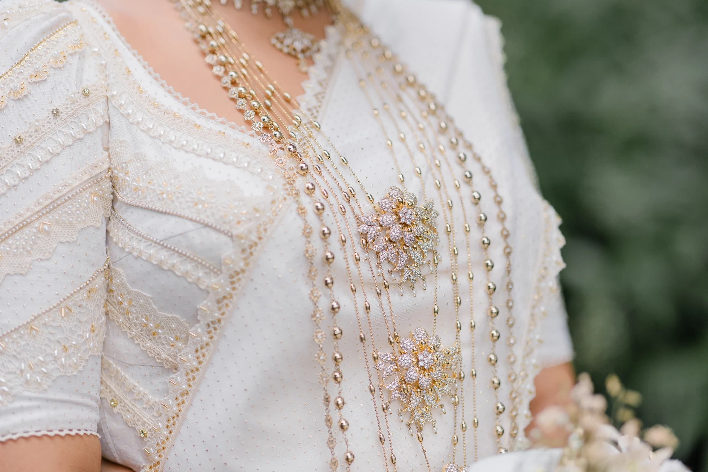 Close view of embroidered bridal fabric and embellishment